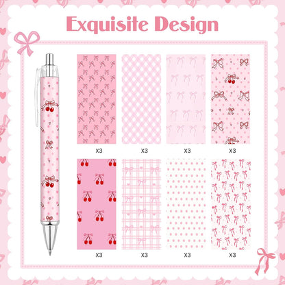 24 Pcs Pink Bow Pens Cute Coquette Bow Ballpoint Pen Retractable Black Ink Pen Coquette Aesthetic Bow Party Favors for Women Writing Journaling Baby Shower Office Teacher Back to School Supplies