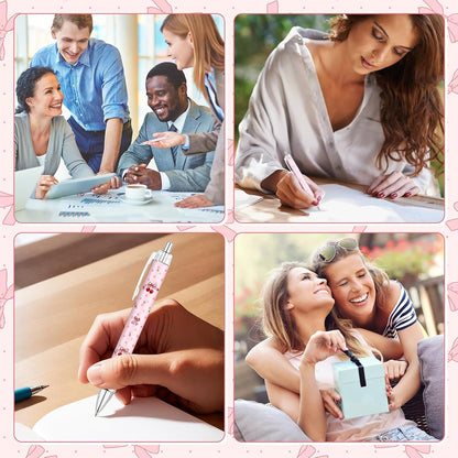 24 Pcs Pink Bow Pens Cute Coquette Bow Ballpoint Pen Retractable Black Ink Pen Coquette Aesthetic Bow Party Favors for Women Writing Journaling Baby Shower Office Teacher Back to School Supplies