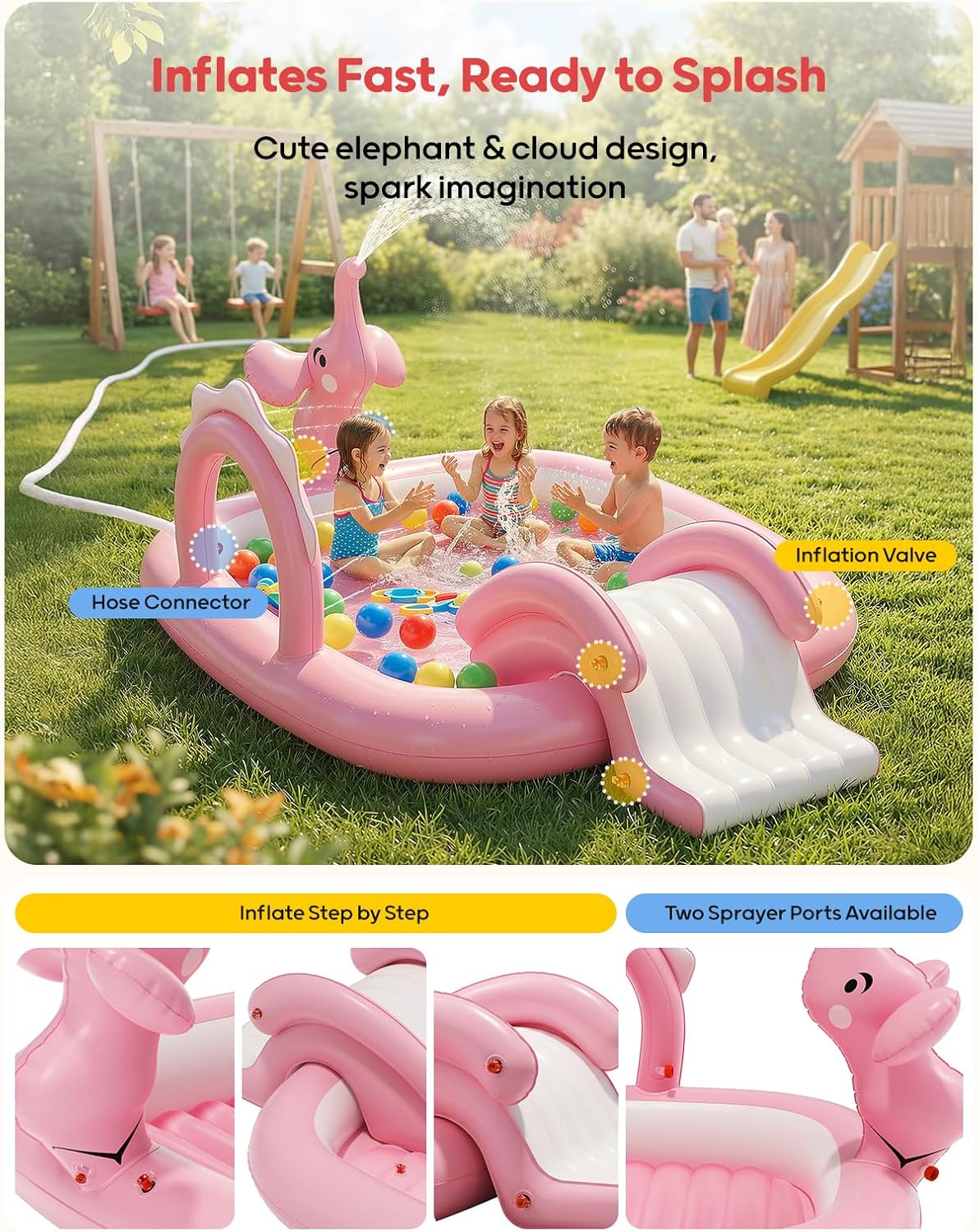 Toddler Pool, Elephant Design with Slide, 72 x 64 x 37 in