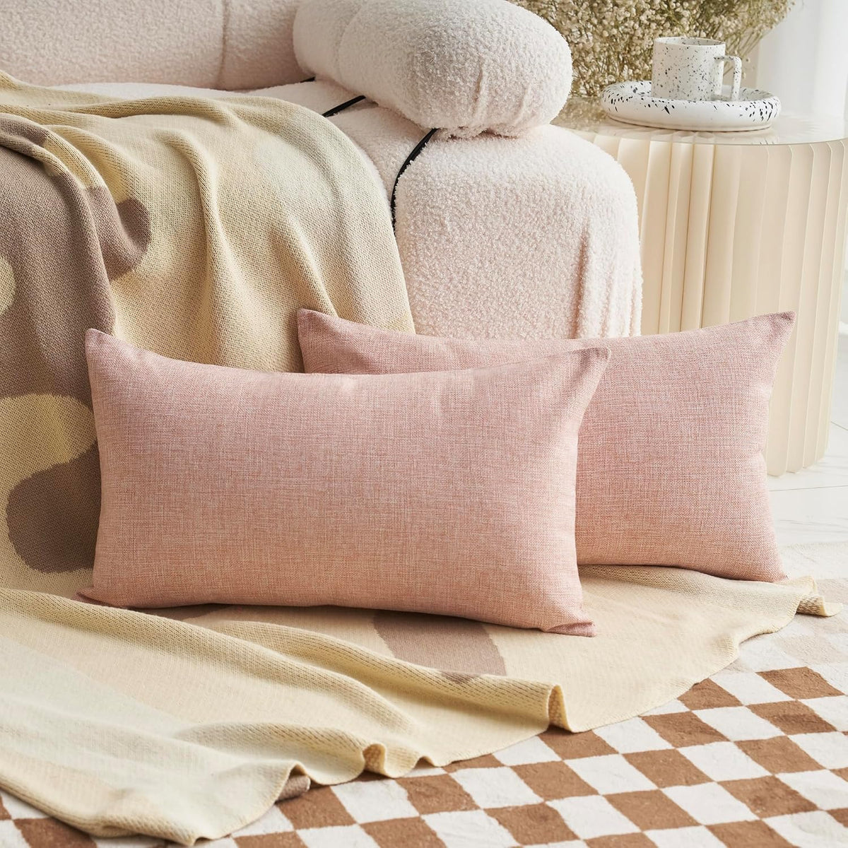 Pink Linen Pillow Covers 12 x 20 Decorative Pillowcases Set of 2 Rectangle Throw Pillows for Couch Bedroom Girls Woman Gifts, 12x20 inch, Light Pink