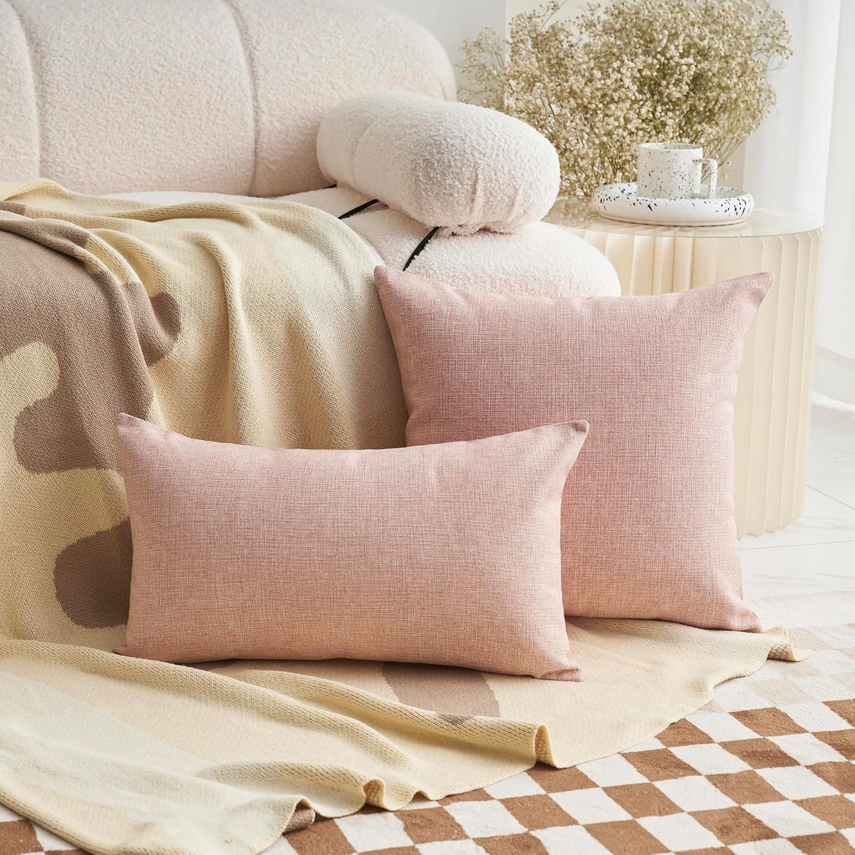 Pink Linen Pillow Covers 12 x 20 Decorative Pillowcases Set of 2 Rectangle Throw Pillows for Couch Bedroom Girls Woman Gifts, 12x20 inch, Light Pink