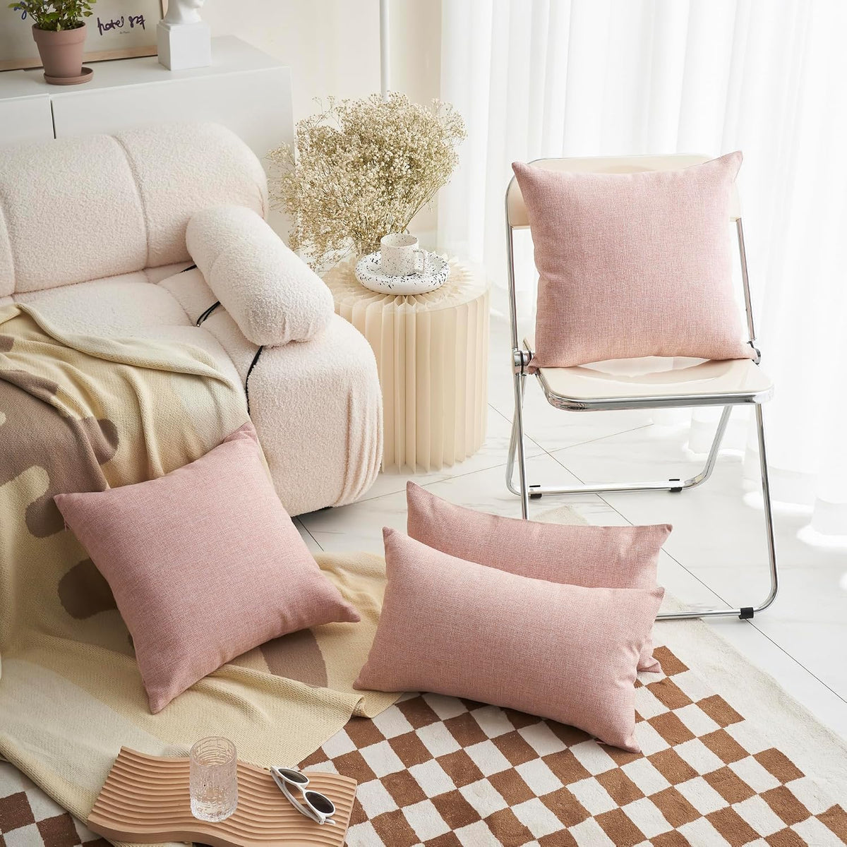 Pink Linen Pillow Covers 12 x 20 Decorative Pillowcases Set of 2 Rectangle Throw Pillows for Couch Bedroom Girls Woman Gifts, 12x20 inch, Light Pink
