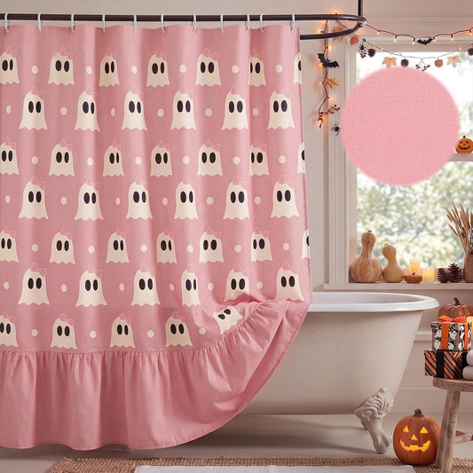 Ruffle Shower Curtain, Pink Halloween Ghost Bathroom Decor