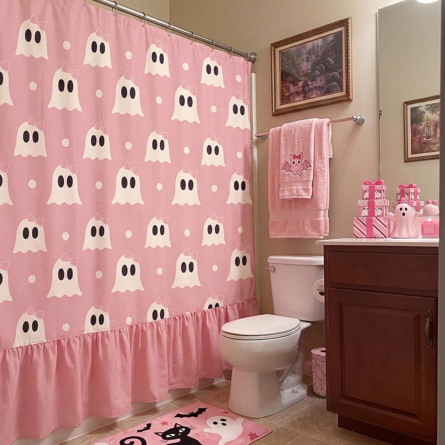 Ruffle Shower Curtain, Pink Halloween Ghost Bathroom Decor