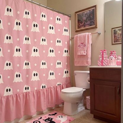 Ruffle Shower Curtain, Pink Halloween Ghost Bathroom Decor