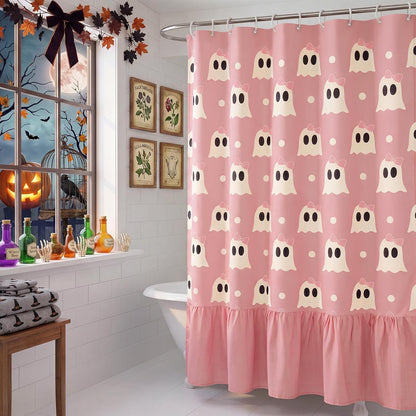 Ruffle Shower Curtain, Pink Halloween Ghost Bathroom Decor