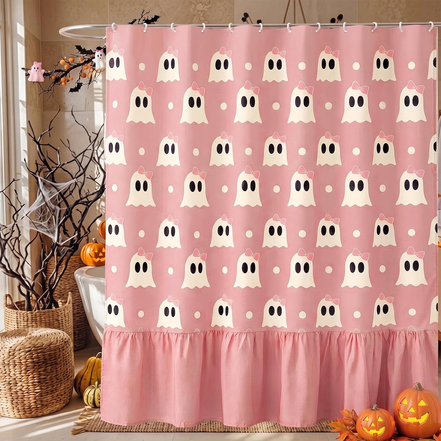 Ruffle Shower Curtain, Pink Halloween Ghost Bathroom Decor