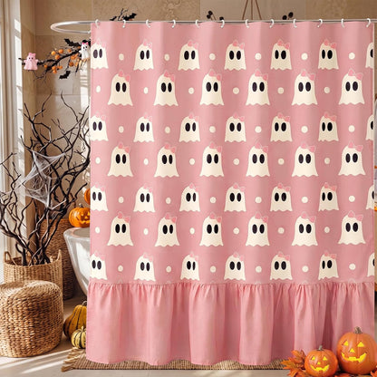 Ruffle Shower Curtain, Pink Halloween Ghost Bathroom Decor