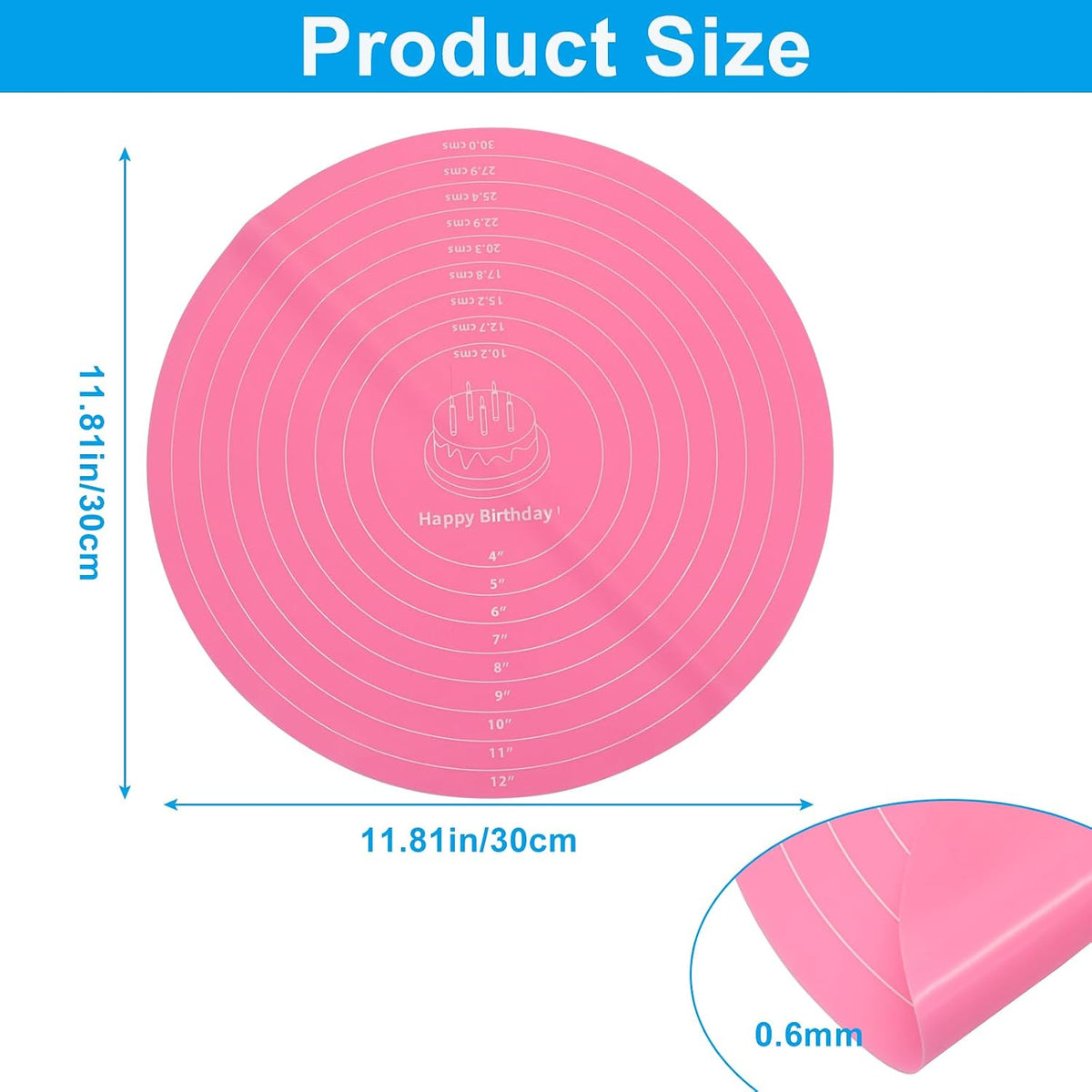 12 Inch Round Silicone Cake Mat with Measurements, Pink