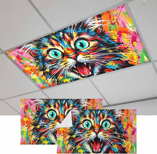Color Cat 2 Pack Fluorescent Light Cover for Ceiling 4 x 2 Ft Graffiti Animal Modern Art Pink Orange Yellow Ink Splatter Classroom Light Covers with 10 Magnets for School Home Office Decor