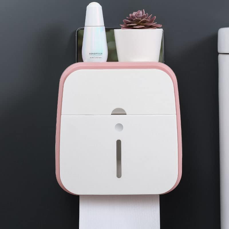 Toilet Paper Holder with Shelf, Wall Mount Toilet Roll Holder Tissue Box Tissue Dispenser Toilet Wipes Dispenser Organizer Toilet Tissue Roll Holder(Pink)