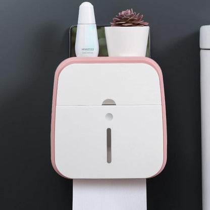 Toilet Paper Holder with Shelf, Wall Mount Toilet Roll Holder Tissue Box Tissue Dispenser Toilet Wipes Dispenser Organizer Toilet Tissue Roll Holder(Pink)