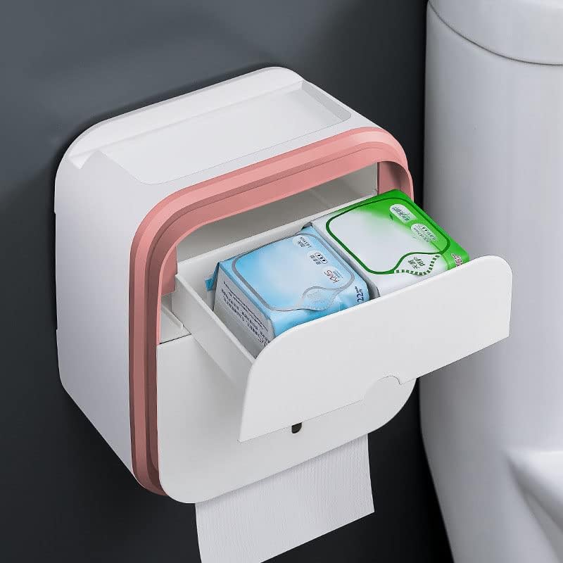 Toilet Paper Holder with Shelf, Wall Mount Toilet Roll Holder Tissue Box Tissue Dispenser Toilet Wipes Dispenser Organizer Toilet Tissue Roll Holder(Pink)