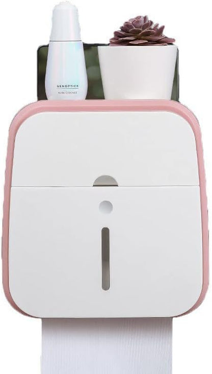 Toilet Paper Holder with Shelf, Wall Mount Toilet Roll Holder Tissue Box Tissue Dispenser Toilet Wipes Dispenser Organizer Toilet Tissue Roll Holder(Pink)