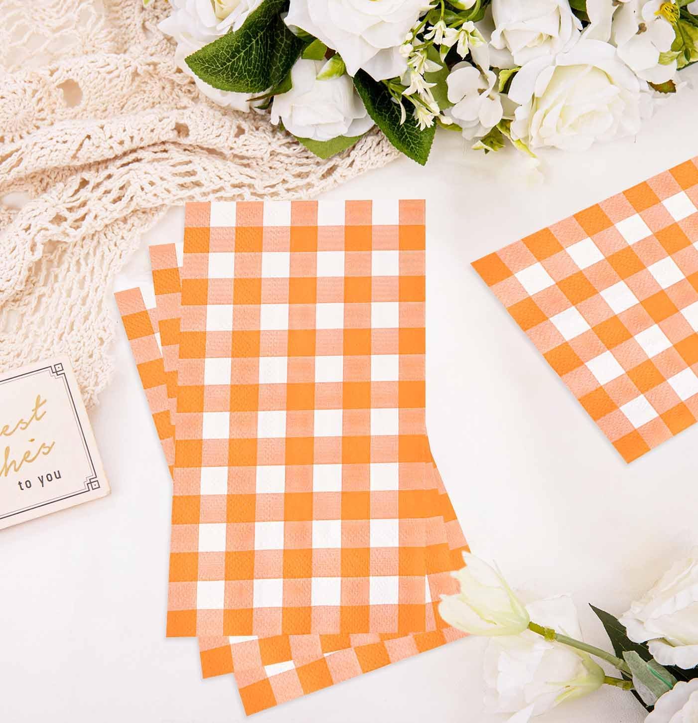 HEIPINIUYE 50 Pieces 3-ply Orange Gingham Napkins Disposable Guest Towels Disposable Hand Towels Fall Paper Napkin for Thanksgiving Birthday Party Bathroom Napkins Guest Disposable