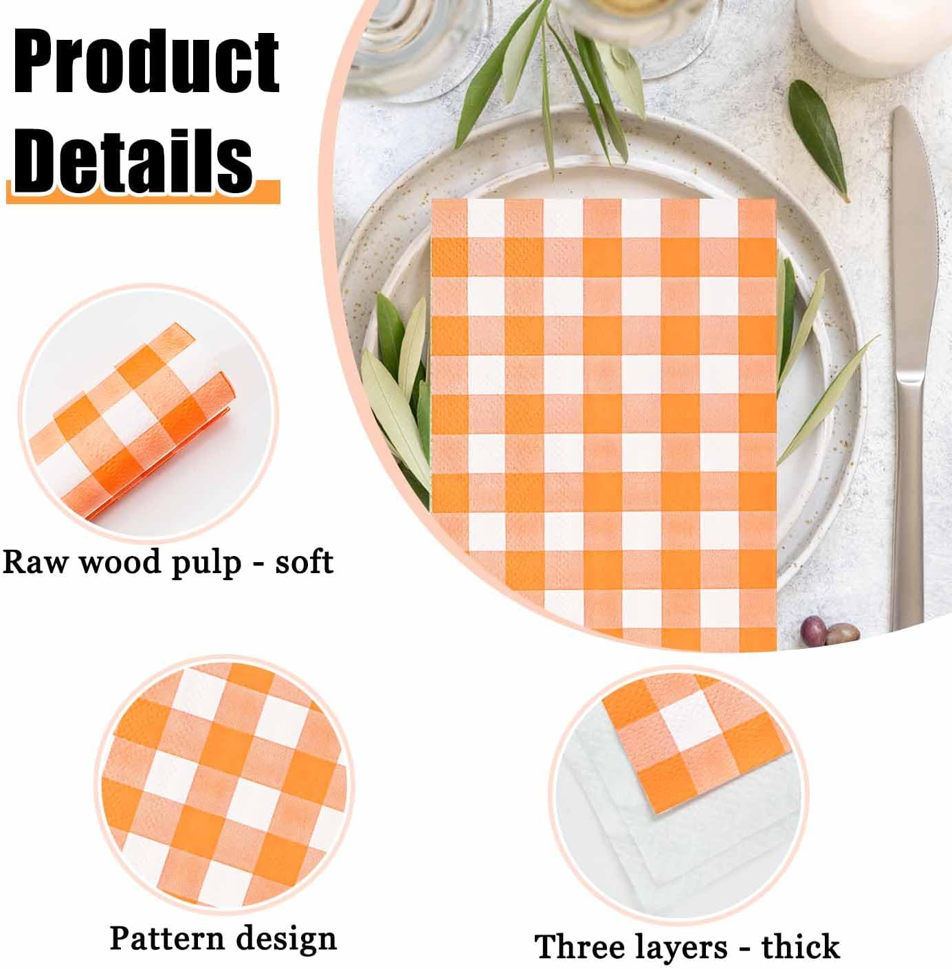 HEIPINIUYE 50 Pieces 3-ply Orange Gingham Napkins Disposable Guest Towels Disposable Hand Towels Fall Paper Napkin for Thanksgiving Birthday Party Bathroom Napkins Guest Disposable