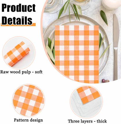 HEIPINIUYE 50 Pieces 3-ply Orange Gingham Napkins Disposable Guest Towels Disposable Hand Towels Fall Paper Napkin for Thanksgiving Birthday Party Bathroom Napkins Guest Disposable