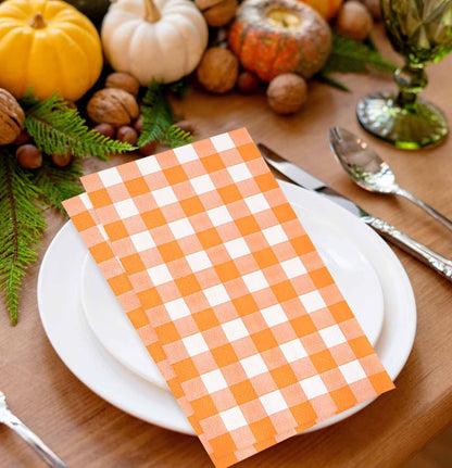 HEIPINIUYE 50 Pieces 3-ply Orange Gingham Napkins Disposable Guest Towels Disposable Hand Towels Fall Paper Napkin for Thanksgiving Birthday Party Bathroom Napkins Guest Disposable