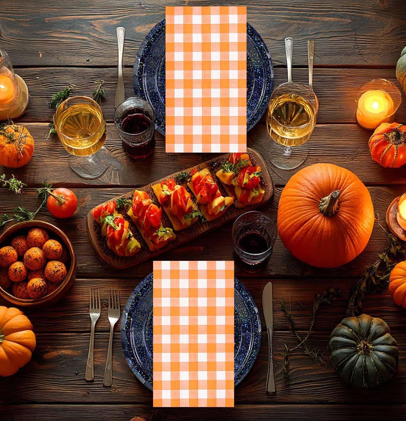 HEIPINIUYE 50 Pieces 3-ply Orange Gingham Napkins Disposable Guest Towels Disposable Hand Towels Fall Paper Napkin for Thanksgiving Birthday Party Bathroom Napkins Guest Disposable