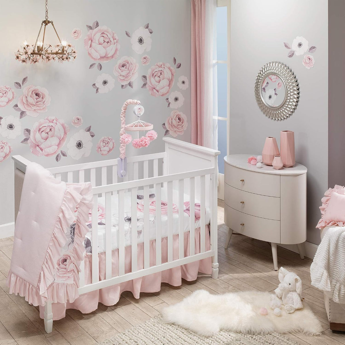 Floral Garden Pink Linen Shirred Crib Skirt/Dust Ruffle