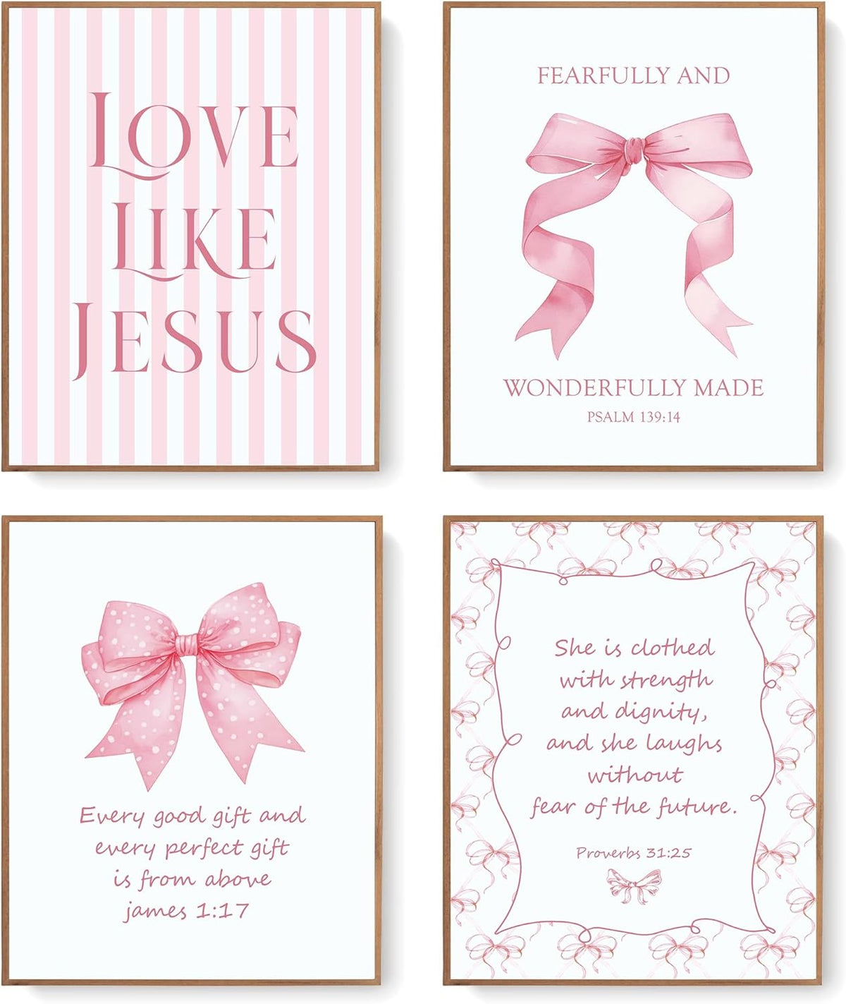 Coquette Pink Bow Jesus Wall Art Decor Posters, Light Pink Bow Christian Room Bedroom Bathroom Dorm Wall Art Decor Aesthetic for College Teen Girls Gifts, Inspirational Bible Verses Bow Wall Decor, 10x8 Inch Set of 4 Bow Pictures (UNFRAMED)