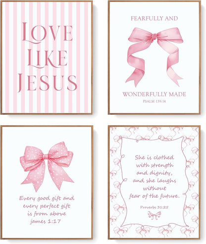 Coquette Pink Bow Jesus Wall Art Decor Posters, Light Pink Bow Christian Room Bedroom Bathroom Dorm Wall Art Decor Aesthetic for College Teen Girls Gifts, Inspirational Bible Verses Bow Wall Decor, 10x8 Inch Set of 4 Bow Pictures (UNFRAMED)