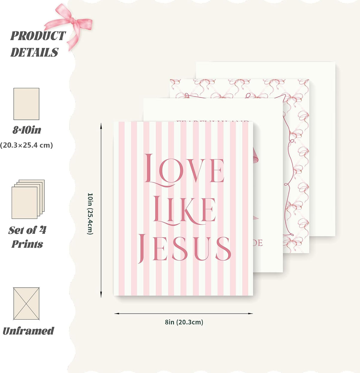 Coquette Pink Bow Jesus Wall Art Decor Posters, Light Pink Bow Christian Room Bedroom Bathroom Dorm Wall Art Decor Aesthetic for College Teen Girls Gifts, Inspirational Bible Verses Bow Wall Decor, 10x8 Inch Set of 4 Bow Pictures (UNFRAMED)