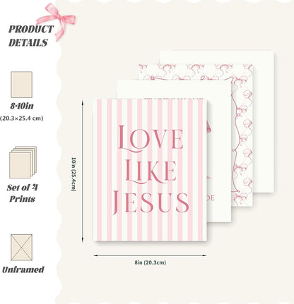 Coquette Pink Bow Jesus Wall Art Decor Posters, Light Pink Bow Christian Room Bedroom Bathroom Dorm Wall Art Decor Aesthetic for College Teen Girls Gifts, Inspirational Bible Verses Bow Wall Decor, 10x8 Inch Set of 4 Bow Pictures (UNFRAMED)