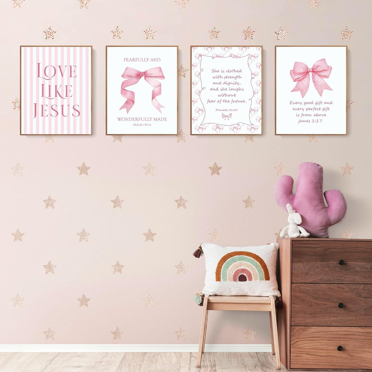 Coquette Pink Bow Jesus Wall Art Decor Posters, Light Pink Bow Christian Room Bedroom Bathroom Dorm Wall Art Decor Aesthetic for College Teen Girls Gifts, Inspirational Bible Verses Bow Wall Decor, 10x8 Inch Set of 4 Bow Pictures (UNFRAMED)