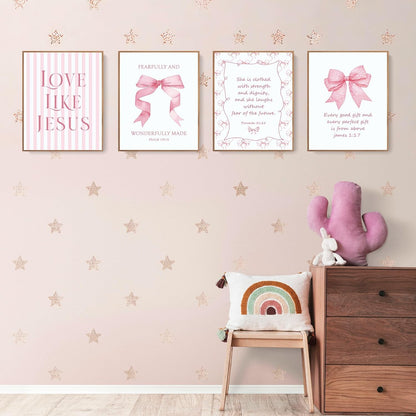 Coquette Pink Bow Jesus Wall Art Decor Posters, Light Pink Bow Christian Room Bedroom Bathroom Dorm Wall Art Decor Aesthetic for College Teen Girls Gifts, Inspirational Bible Verses Bow Wall Decor, 10x8 Inch Set of 4 Bow Pictures (UNFRAMED)