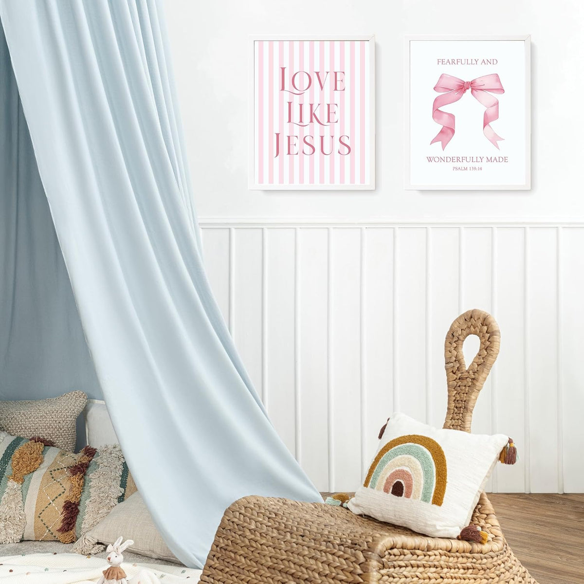 Coquette Pink Bow Jesus Wall Art Decor Posters, Light Pink Bow Christian Room Bedroom Bathroom Dorm Wall Art Decor Aesthetic for College Teen Girls Gifts, Inspirational Bible Verses Bow Wall Decor, 10x8 Inch Set of 4 Bow Pictures (UNFRAMED)