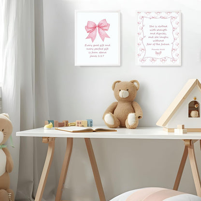 Coquette Pink Bow Jesus Wall Art Decor Posters, Light Pink Bow Christian Room Bedroom Bathroom Dorm Wall Art Decor Aesthetic for College Teen Girls Gifts, Inspirational Bible Verses Bow Wall Decor, 10x8 Inch Set of 4 Bow Pictures (UNFRAMED)