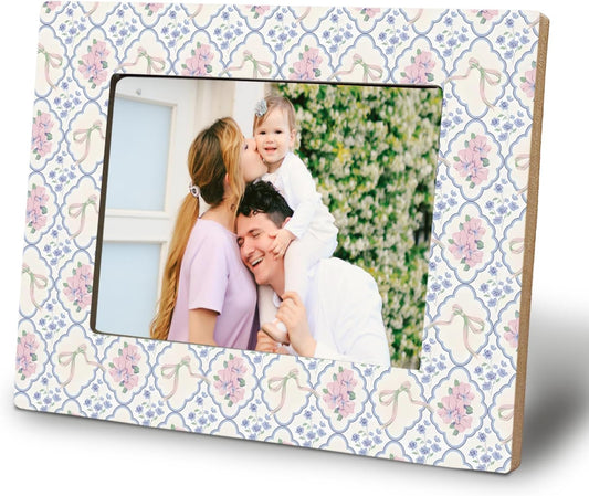 WHCHJ Coquette Floral 5x7 Picture Frame, Rustic Pink and Blue Flower Photo Frame, Vintage Grandmillennial Farmhouse Floral Wood Frames for Wall or Tabletop Display