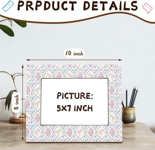 WHCHJ Coquette Floral 5x7 Picture Frame, Rustic Pink and Blue Flower Photo Frame, Vintage Grandmillennial Farmhouse Floral Wood Frames for Wall or Tabletop Display