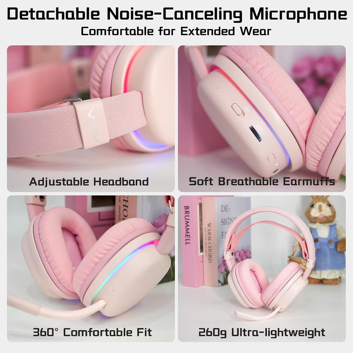 G7 Wireless Gaming Headset, Surround Sound 10ms Low Latency, PC Headset with Detachable Noise Canceling Mic, 40mm Driver, Tri-Mode 2.4G/BT5.2/Wired, Over Ear Headphone for PS5,PS4,Switch