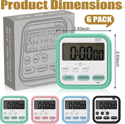 6 Pcs Digital Kitchen Timer 24 Hour Alarm, Classic Color