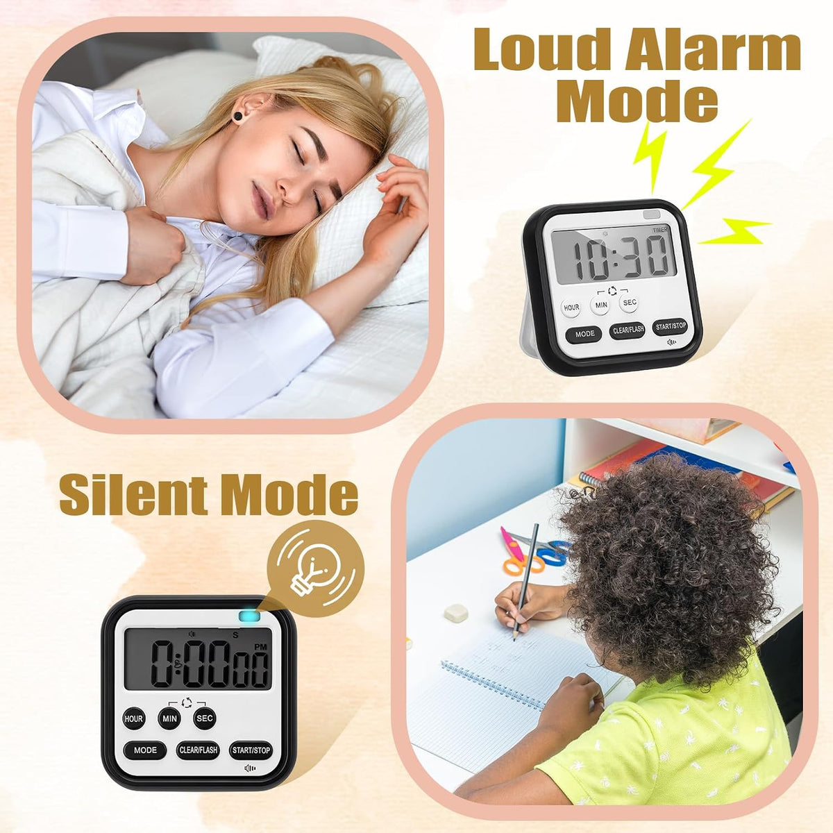 6 Pcs Digital Kitchen Timer 24 Hour Alarm, Classic Color