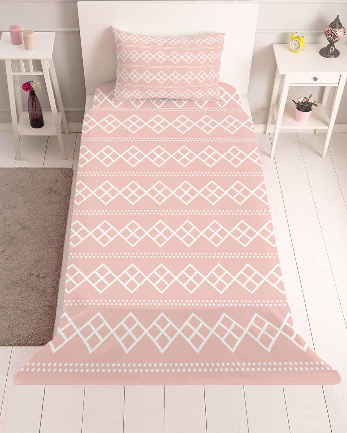 Peach Pink Checkered Twin Size Sheets Set Abstract White Geometric Argyle Stripe Super Soft Breathable Microfiber Twin Bed Sheets Set Deep Pocket 4 Pieces 1 Flat Sheet, 1 Fitted Sheet, 1 Pillowcases