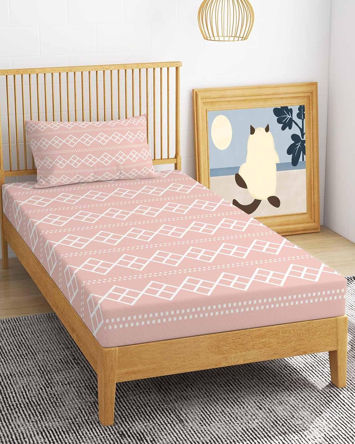 Peach Pink Checkered Twin Size Sheets Set Abstract White Geometric Argyle Stripe Super Soft Breathable Microfiber Twin Bed Sheets Set Deep Pocket 4 Pieces 1 Flat Sheet, 1 Fitted Sheet, 1 Pillowcases
