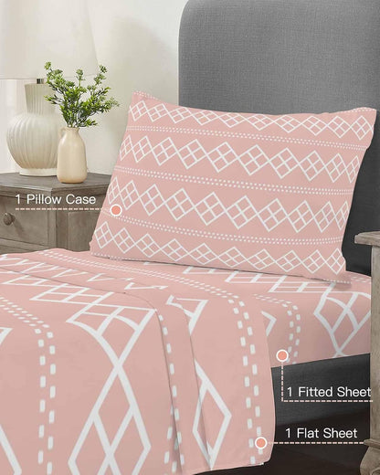 Peach Pink Checkered Twin Size Sheets Set Abstract White Geometric Argyle Stripe Super Soft Breathable Microfiber Twin Bed Sheets Set Deep Pocket 4 Pieces 1 Flat Sheet, 1 Fitted Sheet, 1 Pillowcases