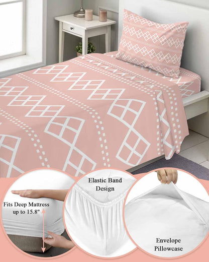 Peach Pink Checkered Twin Size Sheets Set Abstract White Geometric Argyle Stripe Super Soft Breathable Microfiber Twin Bed Sheets Set Deep Pocket 4 Pieces 1 Flat Sheet, 1 Fitted Sheet, 1 Pillowcases