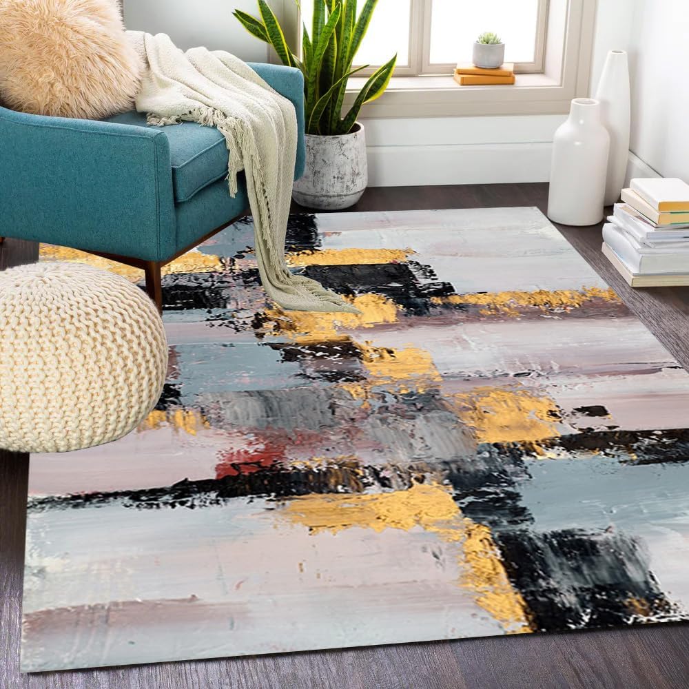 Contemporary Aesthetic Abstract Art Rug 4x6 Pink Gray Gold Artistic Texture Washable Area Rug for Living Room Bedroom Farmhouse Big Carpet Stain Resistant Non Slip Under Dining Table Floorcovers Mat