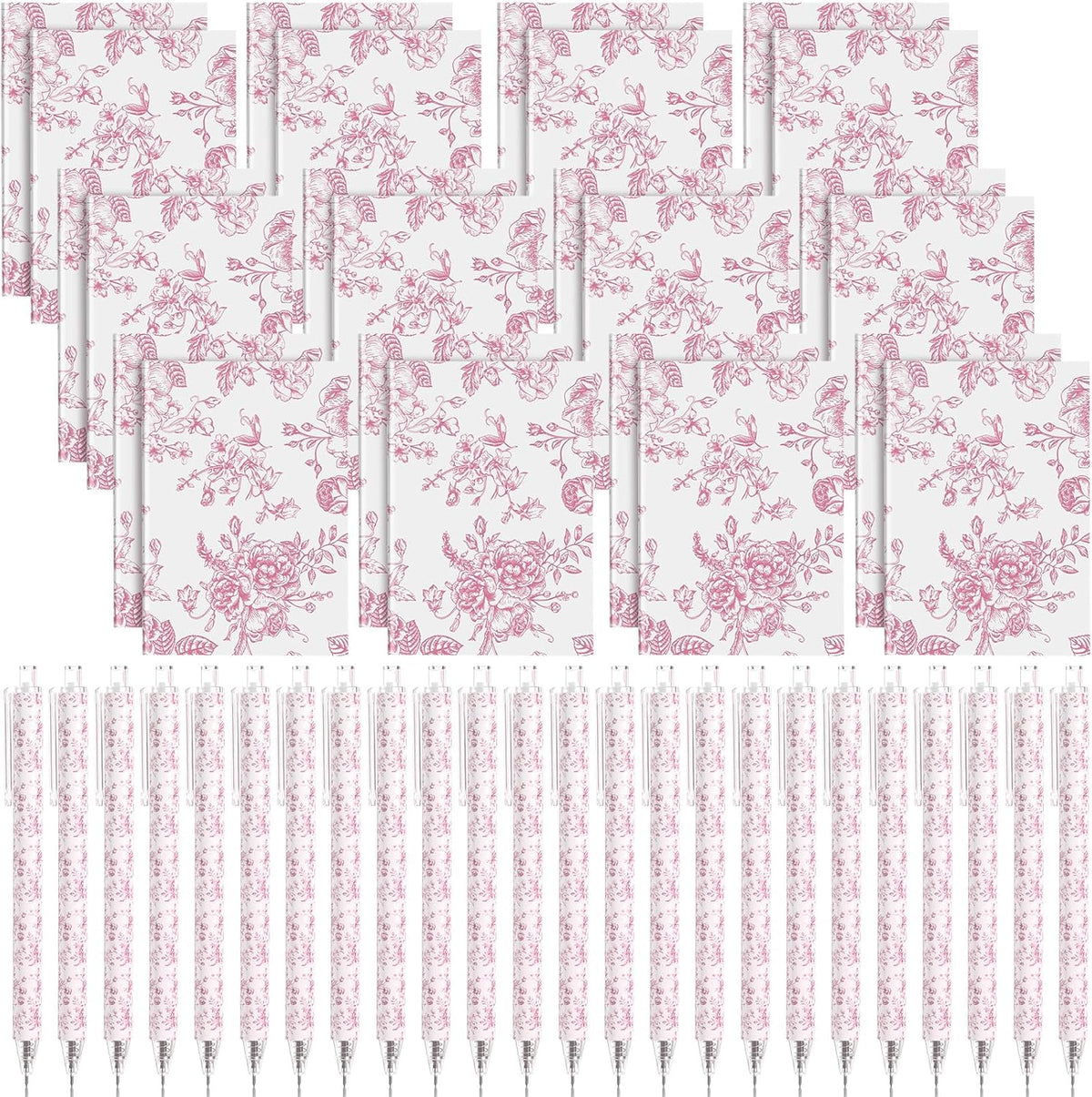24 Set Pink and White Mini Notebooks Pens with Chinoiserie Floral