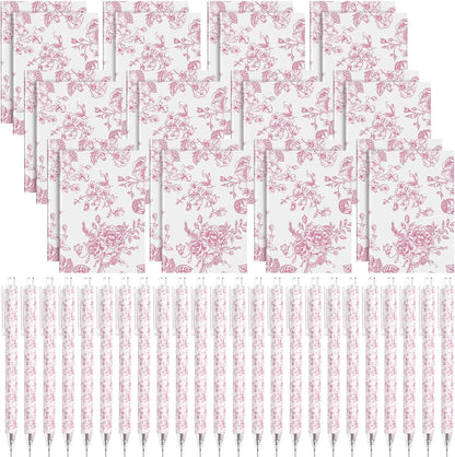24 Set Pink and White Mini Notebooks Pens with Chinoiserie Floral
