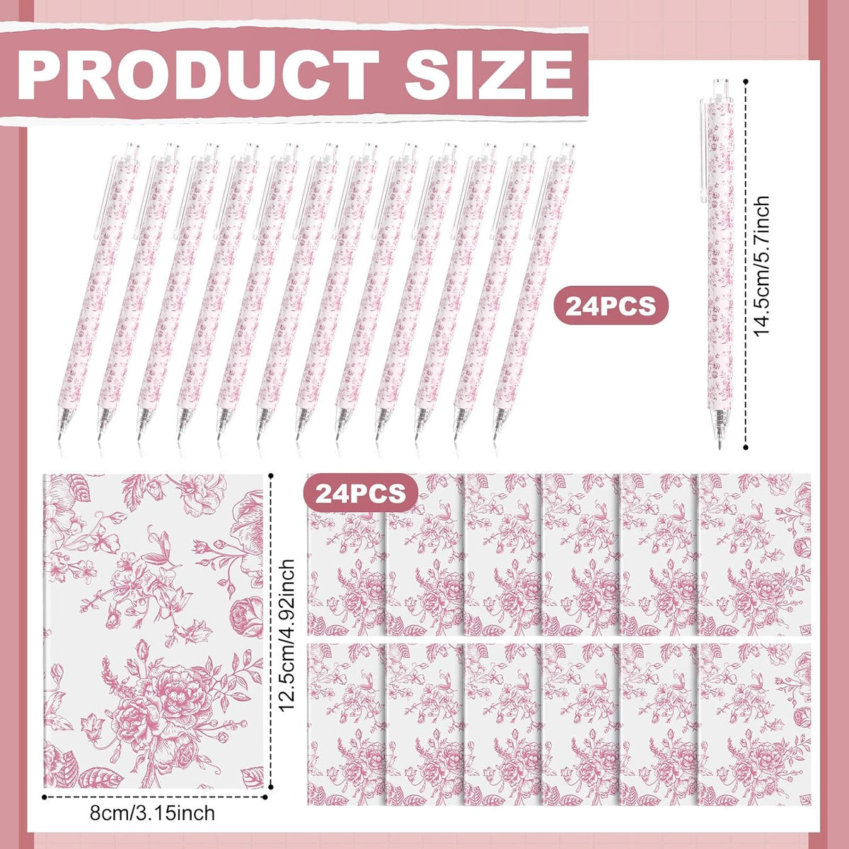 24 Set Pink and White Mini Notebooks Pens with Chinoiserie Floral