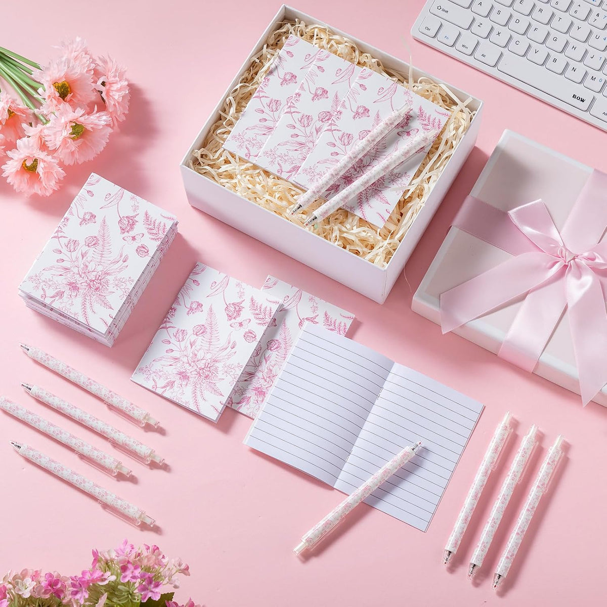 24 Set Pink and White Mini Notebooks Pens with Chinoiserie Floral