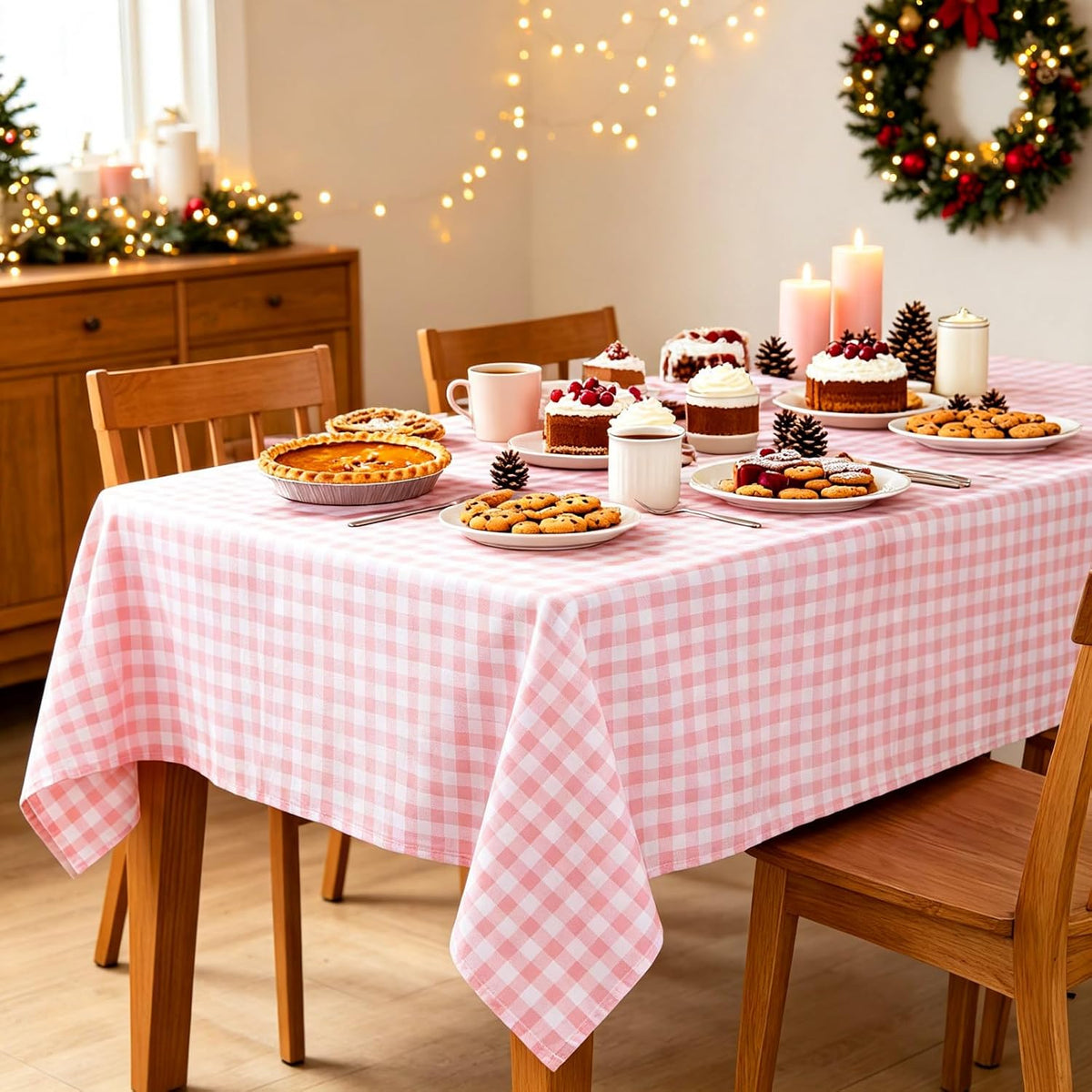 Pink Gingham Tablecloth 54x54 Cotton Square Plaid for Picnic Centerpiece