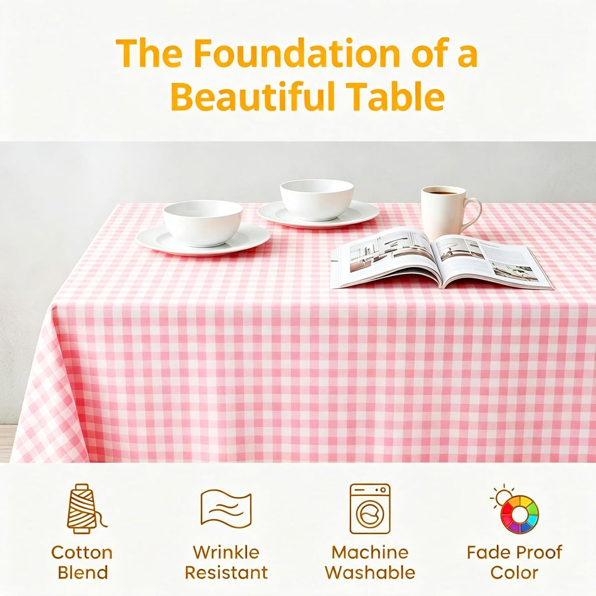 Pink Gingham Tablecloth 54x54 Cotton Square Plaid for Picnic Centerpiece