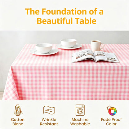 Pink Gingham Tablecloth 54x54 Cotton Square Plaid for Picnic Centerpiece