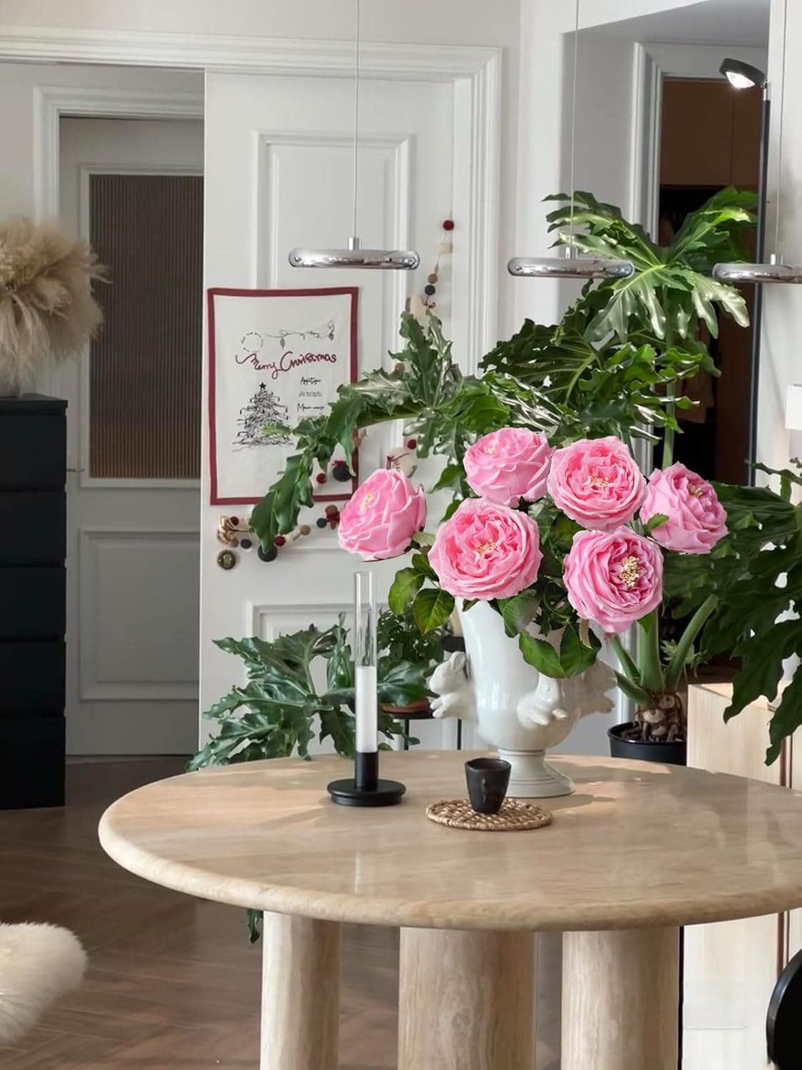 3.5'' Big Bloom Rose Artificial Flowers Pink 4Pcs Real Touch Rose Faux 17.7 Inch Long Stem Austen Roses Peonies Fake Flowers for Home Kitchen Party Christmas Flower Wedding Decor